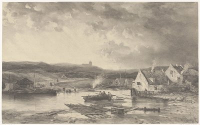 Flodlandskap med några hus och en vattenkvarn av Salomon Leonardus Verveer