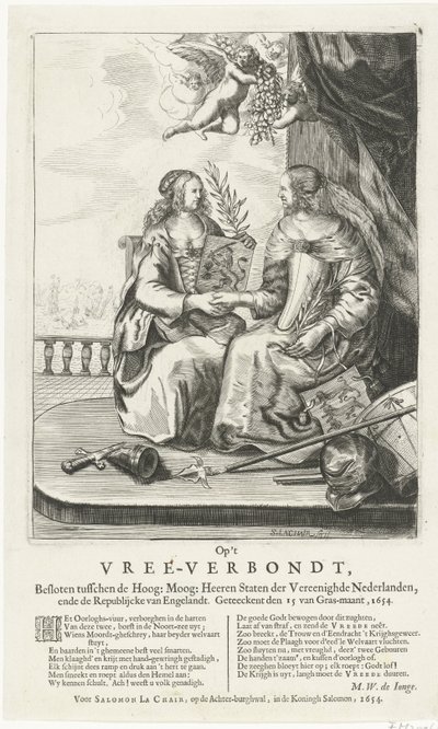 Fras till freden i Westminster, 1654 På Vree-Verbondt, Stängt mellan det höga: Moog: Heeren Staten der Vereenighde Nederland, ende Republikcke van Englandt. Geteeckent den 15 van Gras-maant, 1654 (titel på objekt) av Salomon Pietersz. Lachair