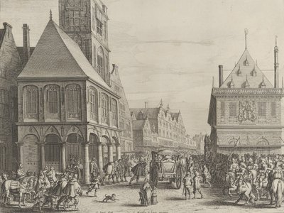 Stadsdomare tar avsked med Marie de Medici före rådhuset, från Caspar Barlaeus..., 1638. av Salomon Savery