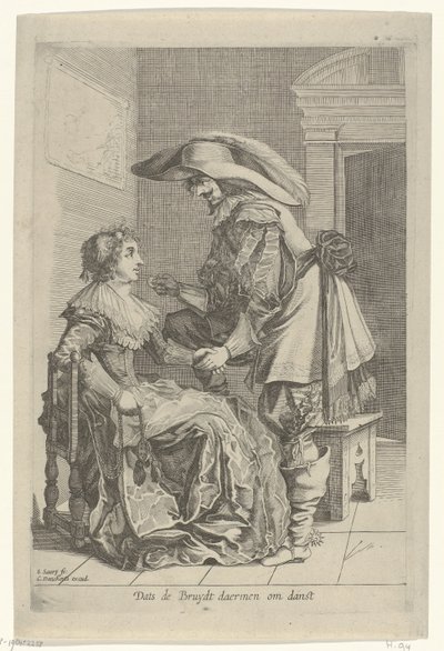 Man erbjuder en kvinna ett mynt Dats de Bruydt daermen om danst (titel på objekt) av Salomon Savery