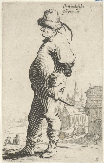 Man i profil, i bakgrunden en kyrka och en byggnad med ett galleri Oostindesche vroemoer (titel på objekt) T
