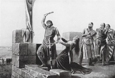 Alonso de Guzman kastar sin dolk till Don Juan (litografi) av Salvador (after) Martinez Cubells