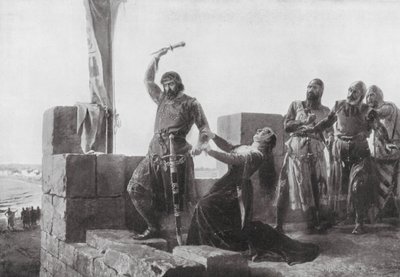 Alonso de Guzman kastar sin dolk till Don Juan (litografi) av Salvador (after) Martinez Cubells