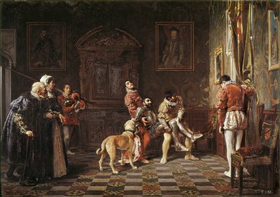 "" Återkomst av turneringen "" En ung riddare gör ont förs tillbaka till palatset, med stöd av två sidor. Målning av Salvador Martinez Cubells (1845-1914) 1881 Valencia. Museum of Bellas Artes San Pio av Salvador Martinez Cubells