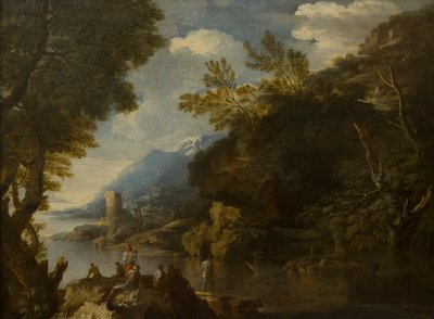 Landskap med figurer och båtar, ca 1635-73 (olja på duk) av Salvator (follower of) Rosa
