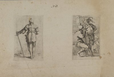 (Figurinserie) Baksida av hjälmförsedd man, stående av Salvator Rosa