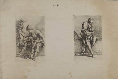 (Figurinserie) Sittande figur med spetsigt huvud av Salvator Rosa