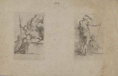 (Figurinserie) Sittande man, sedd bakifrån, håller i yxa av Salvator Rosa