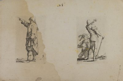 (Figurinserie) Stående man med lång hatt, pekande av Salvator Rosa
