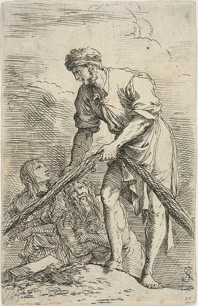 En män som drar ett nät, med två figurer bakom sig, från Figurine-serien av Salvator Rosa