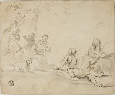 Äppelskördare och rastande herdar av Salvator Rosa