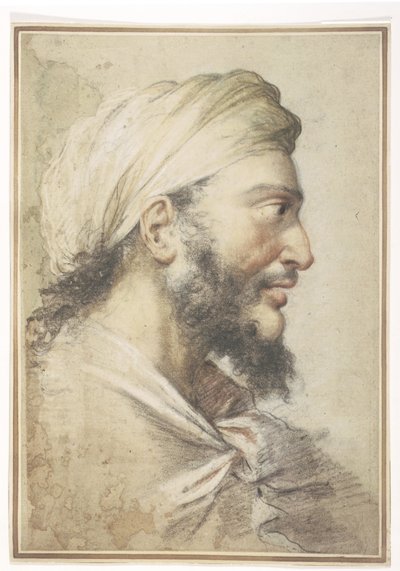 Huvudet på en skäggig man i profil till höger med turban av Salvator Rosa