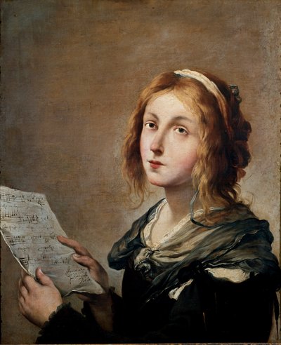 Musik Ung kvinna från ett mycket blygsamt socialt tillstånd, förkroppsligande av musik, ett partitur i handen. Målning av Salvator av Salvator Rosa