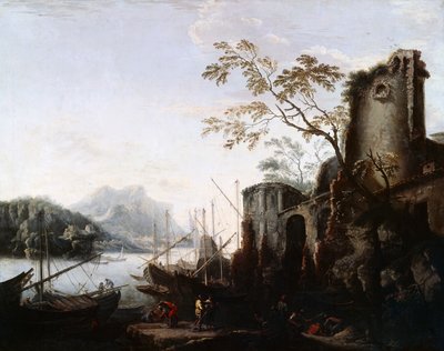 Marine Landscape with Towers with ships and ruiner (Marine Landscape with Towers), c.1645, av Salvator Rosa