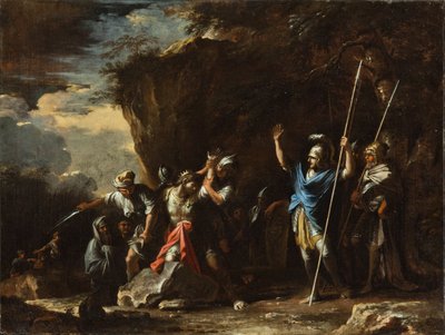 En scen ur den grekiska historien: Kung Kroisos dövstumma son hindrar perserna från att döda sin far av Salvator Rosa