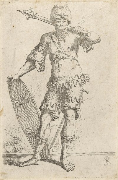 Stående exotisk krigare som bär en lejonhuvudmössa, håller i en tapp och sköld, c.1656-57 (etsning på lagt papper) av Salvator Rosa