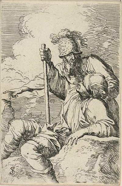 Tre krigare, en sittande på en förgrundsklippa som håller en stav; den andra står bakom honom och pekar, den tredje ses som ett ansikte bakom dem, från Figurine-serien av Salvator Rosa
