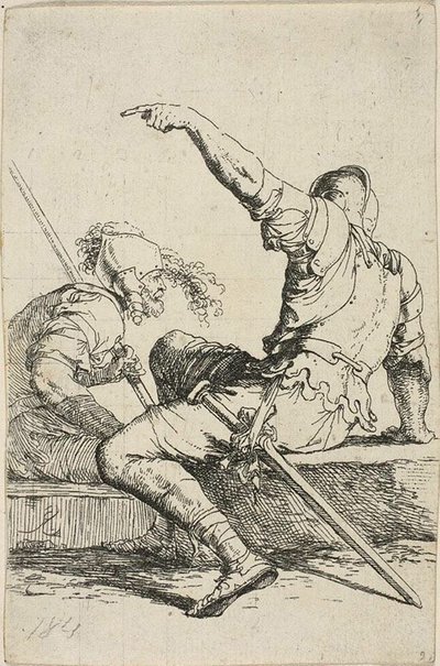 Två krigare som sitter på låga klippor av Salvator Rosa