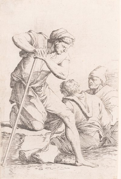 Två män sitter och en annan man som håller en stav på knä på en sten, från serien..., ca. 1656-1657. av Salvator Rosa