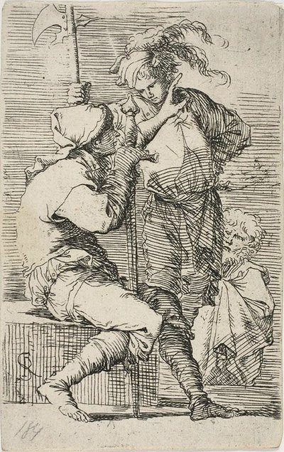 Två krigare, den ene håller ett svärd, den andre en hellebard; en gammal skäggig man bakom dem, från Figurine av Salvator Rosa