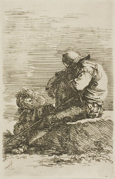 Två krigare, den ena sittande och sovande på en sten i förgrunden, ur Figurinserien av Salvator Rosa