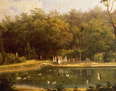 Fiskdamm i Real Bosco (Royal Wood) av Portici, av Salvatore Fergola (1799-1877) av Salvatore Fergola