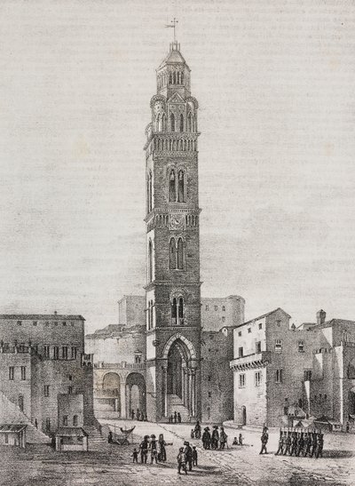 Klocktornet i Gaeta-katedralen, Lazio, Italien, litografi av Salvatore Puglia efter teckning av Pasquale Mattei (1813-1879), från Poliorama Pittoresco, n 48, 6 juli av Salvatore Puglia