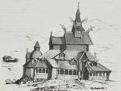 Borgund stavkyrka, Norge, litografi av Salvatore Puglia från Poliorama Pittoresco, n 40, 14 maj av Salvatore Puglia