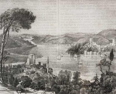 Bosporen-slott vid Asiens och Europas kuster, Turkiet, litografi av Gaetano Riccio från Poliorama Pittoresco, n 18, 9 december av Salvatore Puglia