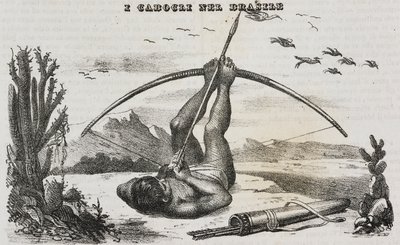 Caboclo man med bågar och pilar, Brasilien, litografi av Salvatore Puglia från Poliorama Pittoresco, n 41, 18 maj av Salvatore Puglia