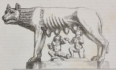 Capitoline she-wolf, bronsstaty, Rom, Lazio, Italien, litografi av Salvatore Puglia från Poliorama Pittoresco, n 25, 25 januari av Salvatore Puglia