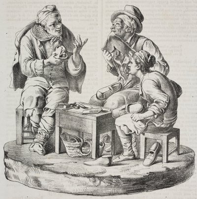 Skomakare i tvister, statyetter av Giacomo Bongiovanni och Giuseppe Vaccaro, litografi av Salvatore Puglia från Poliorama Pittoresco, n 32, 18 mars av Salvatore Puglia