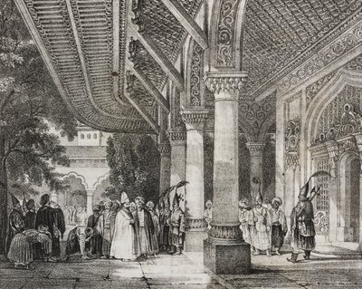 Entréhallen i Serraglio, Turkiet, från berättelseharem i öst, litografi från Poliorama Pittoresco, n 12, 28 oktober av Salvatore Puglia