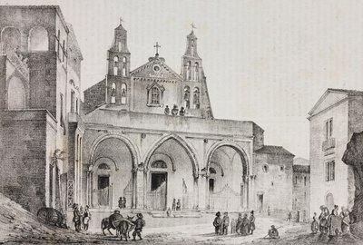 Fasad av katedralen i Sessa Aurunca, Campania, Italien, litografi av Salvatore Puglia efter teckning av Pasquale Mattei (1813-1879) från Poliorama Pittoresco, n 42, 24 maj av Salvatore Puglia