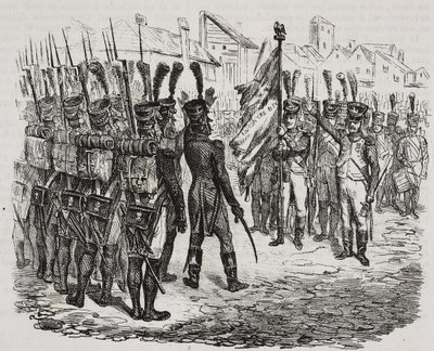 Flagga för 84:e regementet, litografi av Salvatore Puglia från från History of Napoleon av Cesare Malpica (1804-1848), från Poliorama Pittoresco, n 16, 25 november av Salvatore Puglia