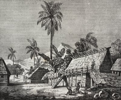 House of Queen of Noukahiva Island (idag Nuku Hiva), Marquesas Islands, Franska Polynesien, litografi av Salvatore Puglia från Poliorama Pittoresco, n 37, april av Salvatore Puglia