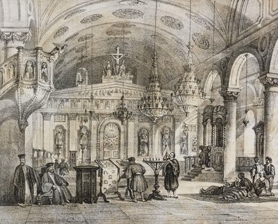 Interiör av den grekiska kyrkan Baloukli, nära Konstantinopel, Turkiet, litografi av Salvatore Puglia från Poliorama Pittoresco, n 28, 15 februari av Salvatore Puglia