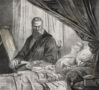 Tintoretto målar sin döda dotter, litografi av Salvatore Puglia från Poliorama Pittoresco, n 27, 10 februari av Salvatore Puglia