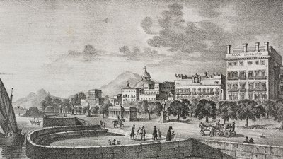 Utsikt över Bourbon-forumet och hotellet Trinacria, Palermo, Sicilien, Italien, litografi av Salvatore Puglia efter gravyr av Di Giovanni från Poliorama Pittoresco, nr 37, 19 april av Salvatore Puglia