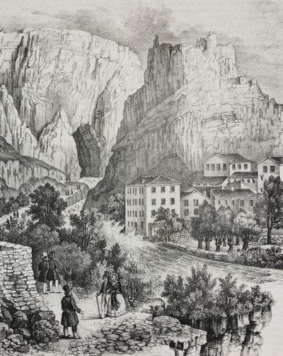 Utsikt över Fontaine-de-Vaucluse, Frankrike, litografi av Sardi från Poliorama Pittoresco, n 51, 30 juli av Salvatore Puglia