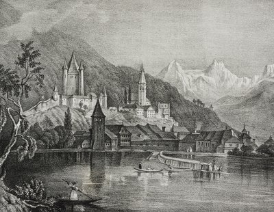 Utsikt över Thun, kantonen Bern, Schweiz, litografi av Salvatore Puglia från Poliorama Pittoresco, n 35, 9 april av Salvatore Puglia