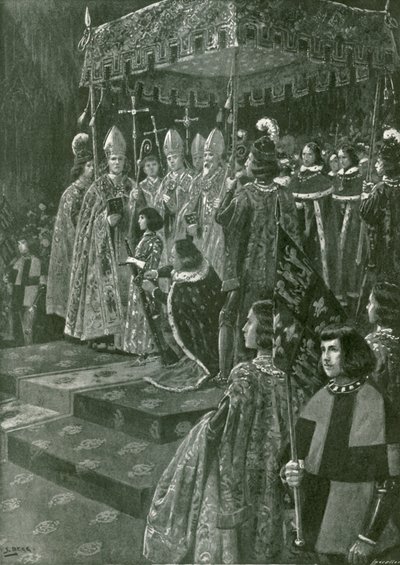 Överlämnandet av sporrar och svärd vid kröningen av Henrik VI (litografi) av Samuel (after) Begg