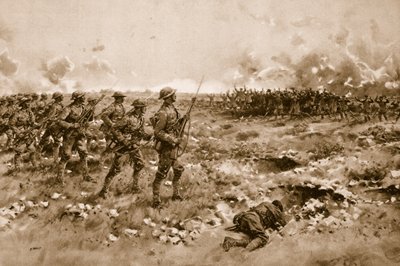 Deras sista hopp: Demoraliserade tyska soldater ber om nåd från de framryckande brittiska trupperna (litho) av Samuel (after) Begg