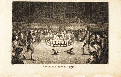 Spelare tittar på en tuppkamp i levande ljus på Cock Pit Royal, St av Samuel (after) Howitt