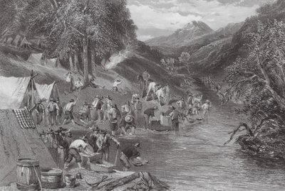 Australien: Alluvial guldvaskning (gravyr) av Samuel (after) Prout