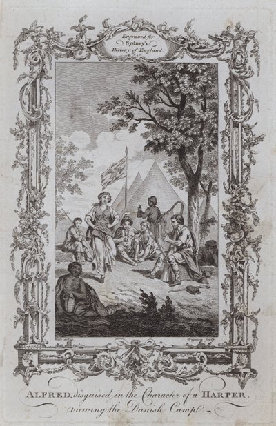 Alfred, förklädd i Karaktären av en Harper, tittar på det danska lägret (gravyr) av Samuel (after) Wale