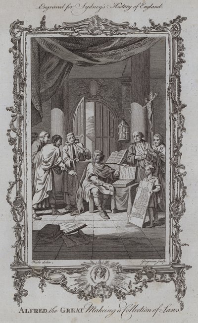 Alfred den store gör en samling lagar (gravyr) av Samuel (after) Wale