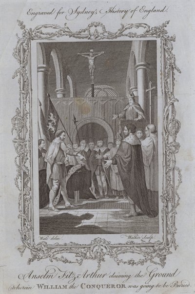 Anselm Fitz-Arthur gör anspråk på marken där Vilhelm Erövraren skulle begravas (gravyr) av Samuel (after) Wale