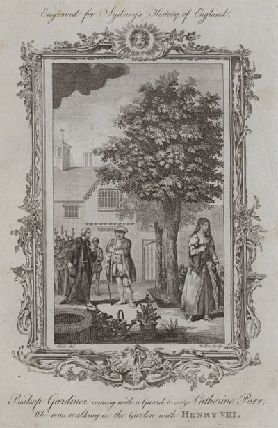 Biskop Gardiner kommer med en vakt för att gripa Catherine Parr, som gick i trädgården med Henrik VIII (gravyr) av Samuel (after) Wale