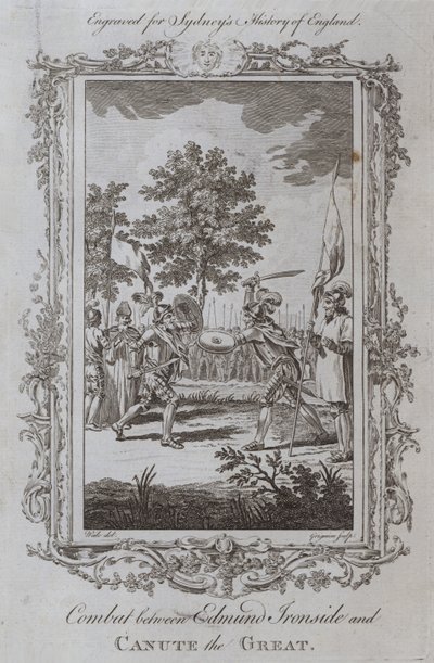 Strid mellan Edmund Ironside och Knud den store (gravyr) av Samuel (after) Wale